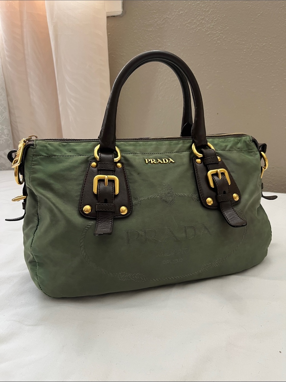 Prada Vintage Green Tessuto Nylon Jacquard Satchel Bag 2-Way Crossbody Tote